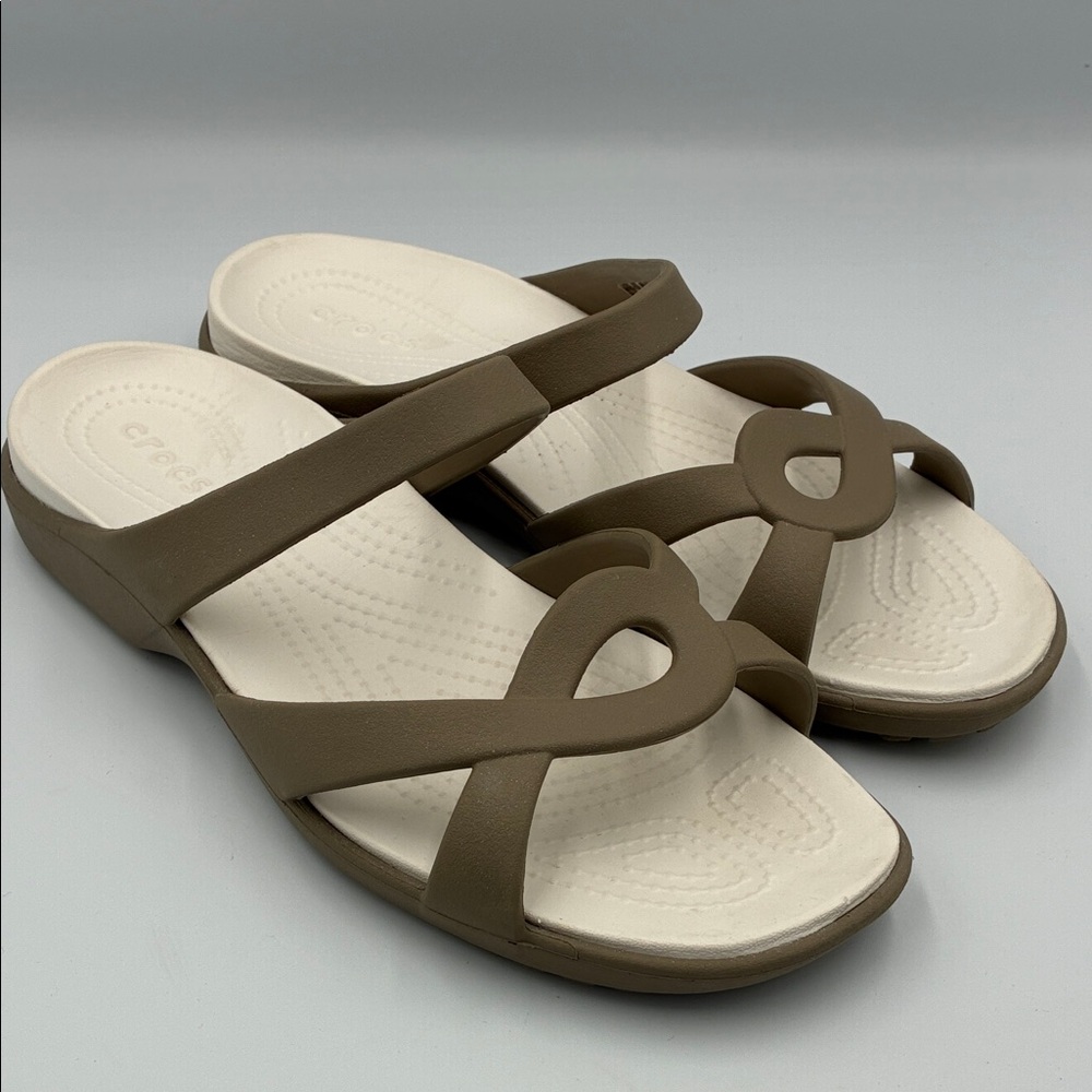 CROCS Meleen Women's 11 Khaki Strappy Slide Sandals with Cream Footbed